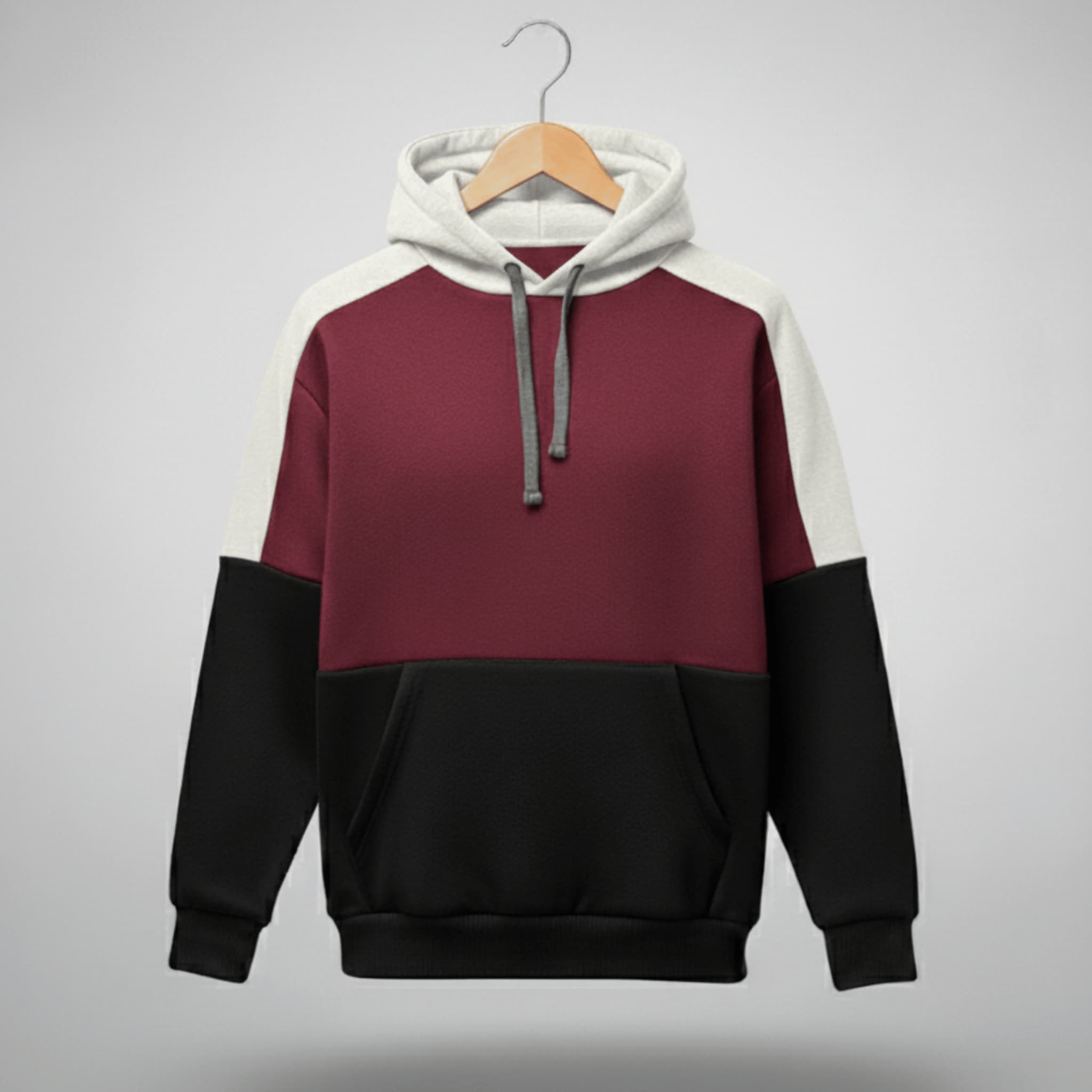 Unisex Triple Color Block Hoodie | Burgundy, White & Black Fleece