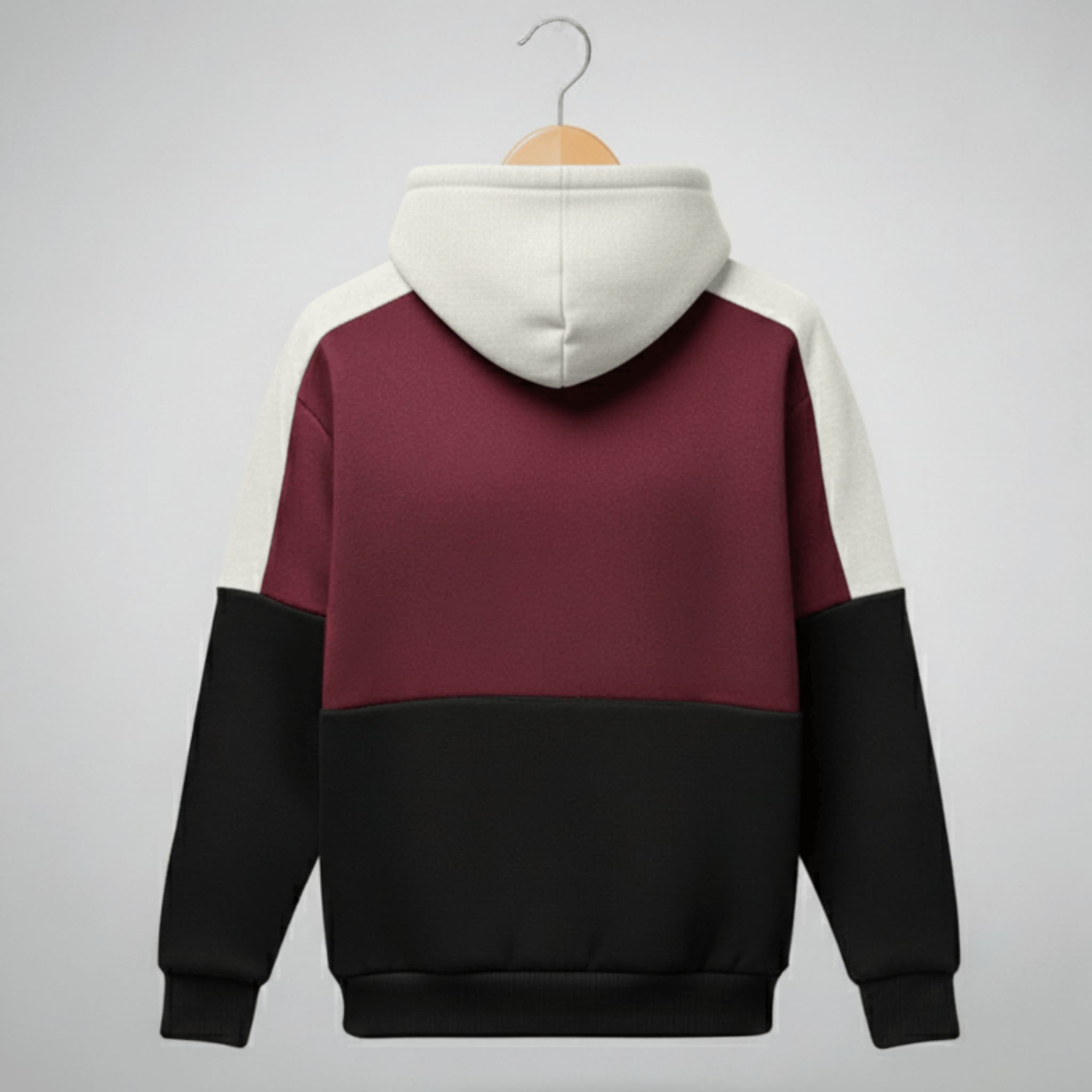 Unisex Triple Color Block Hoodie | Burgundy, White & Black Fleece