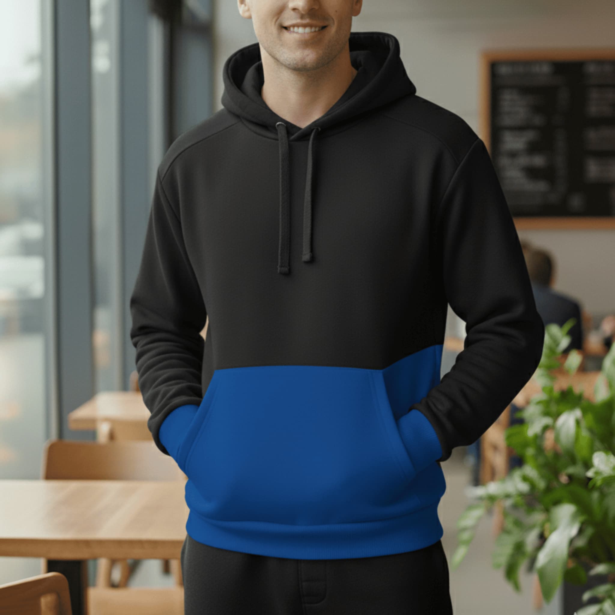 Unisex Color Block Hoodie | Black & Royal Blue Cotton Fleece