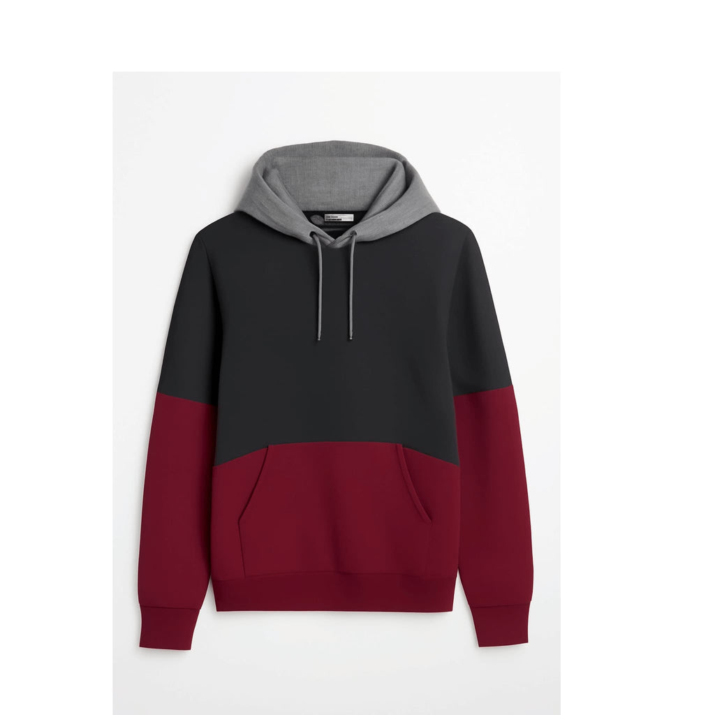 Unisex Color Block Hoodie | Black, Burgundy & Charcoal Grey Fleece
